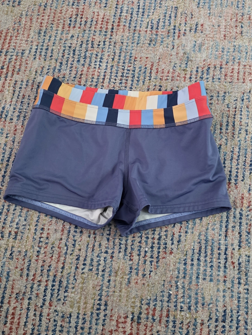 REI Slate Blue Athletic Shorts with Multicolor Striped Waistband